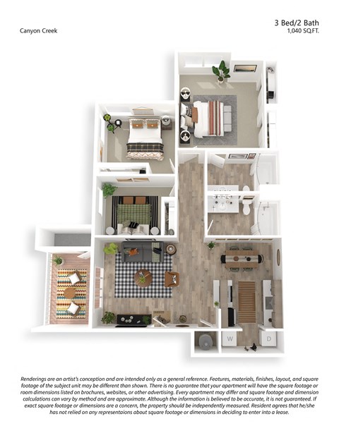 Floor plan for 3 beds, 2 baths, 1040 sqft